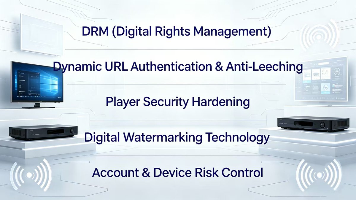 OTT_Maker's tweet photo. Piracy is becoming one of the biggest challenges for #OTT #IPTV platforms. Modern #antipiracy systems now combine:
• DRM protection
• Dynamic URL authentication
• Digital watermarking
• Player security hardening
• Account &amp; device risk control https://t.co/xJHirXRTUs