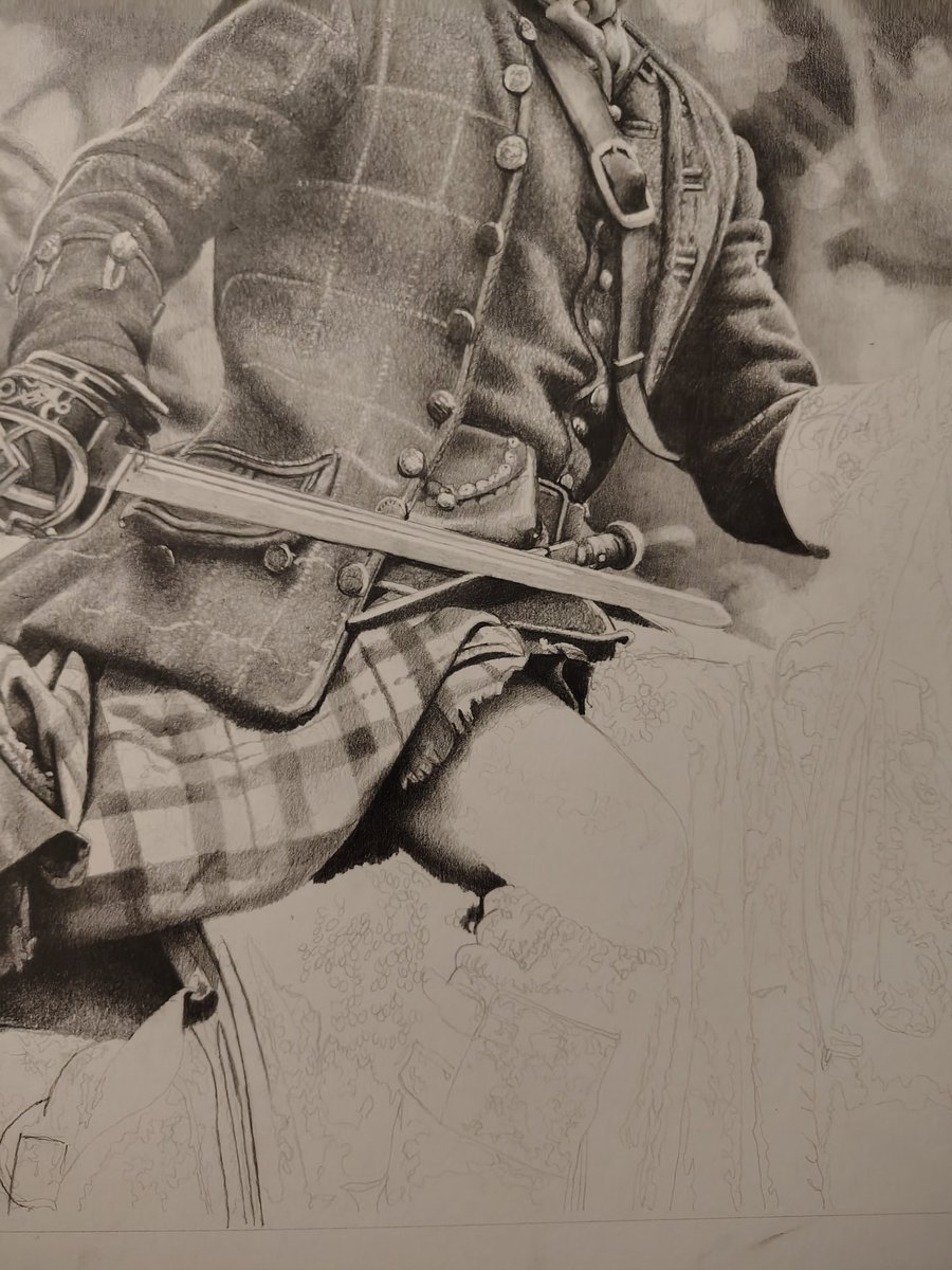 paper2pencil's tweet photo. Work in progress as of 7:30 pm, Monday, May 18, 2026, of a Scottish gentleman, warrior, using a self portrait of a younger version of the artist for hair and facial likeness.

14" x 17" graphite pencil drawings on 100# 18" x 24" Italian Bristol Vellum paper.

David J. Vanderpool https://t.co/XULp9fxVRZ