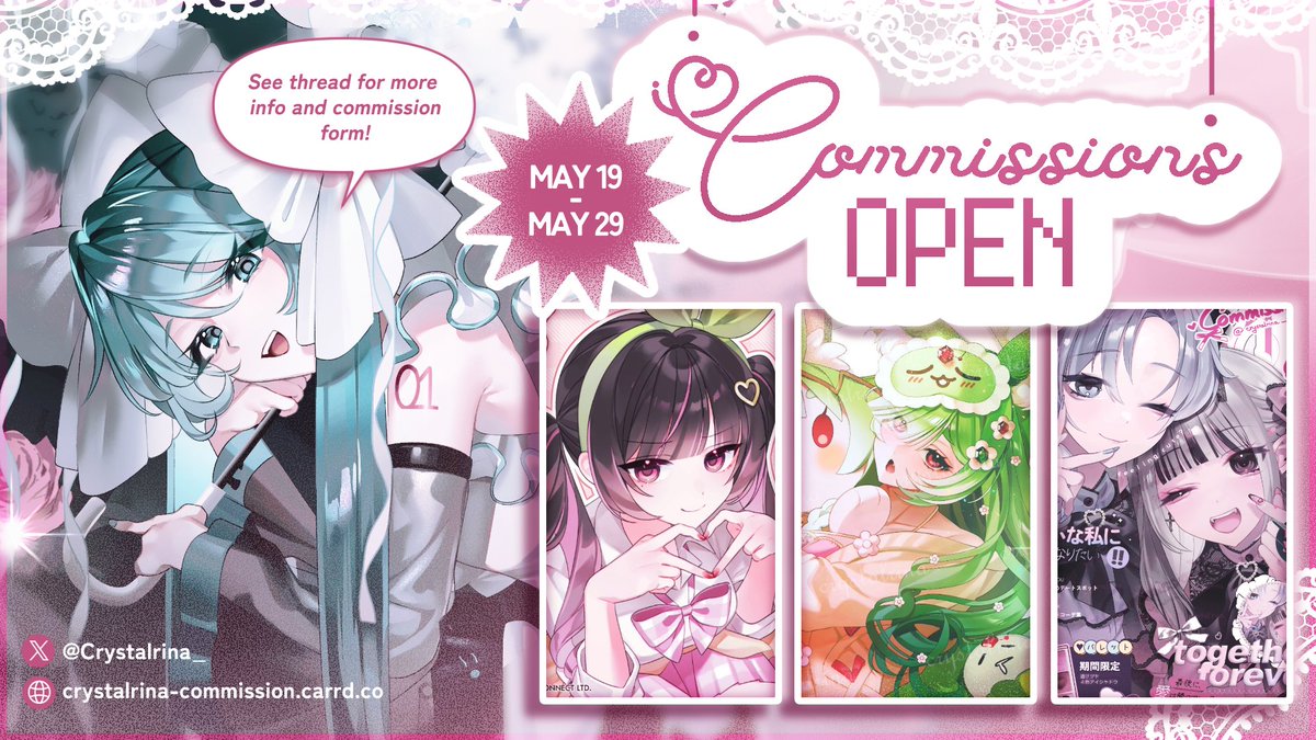 Crystalrina_'s tweet photo. ❗️ 2026 c0mmission batch now open ❗️

① Accepting Personal and Commercial commissions
② Open until May 29
③ If you're interested, please check out the thread for more info and commission form!  

(1/2) https://t.co/oNKh5ipl9B