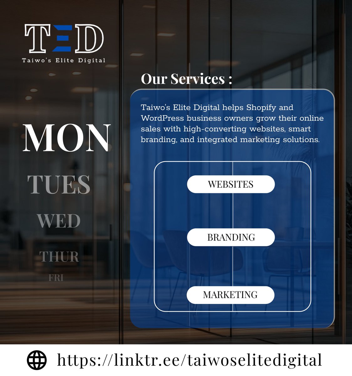 taiwo_adedugba's tweet photo. New week, new goals, and a fresh opportunity to scale. ๐ท๐ท
As a business owner, your Monday sets the tone for everything.
https://t.co/zCdXSnwpKY
#TaiwosEliteDigital #DigitalMarketingAgency #WebDesignExpert #ShopifyGrowth #WordPressDeveloper #MondayMotivation #BrandIdentity https://t.co/QwMSLt9Kdn