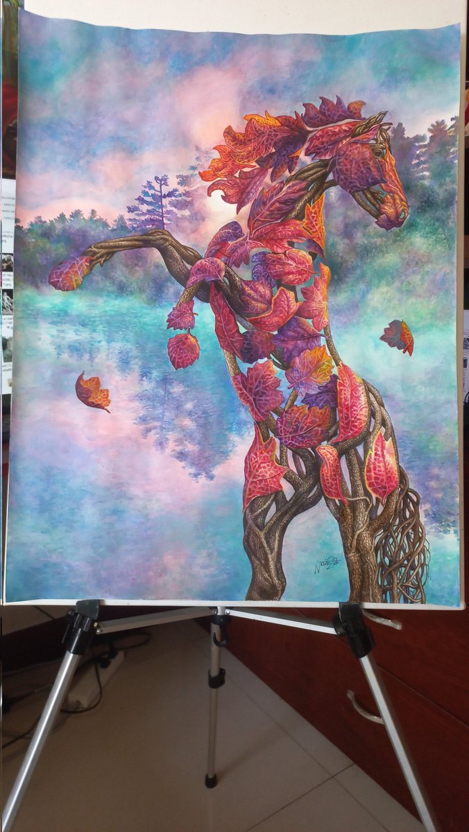 jorge_nazabal's tweet photo. The Promise of the Wind. Watercolor/Cardboard. 65 x 49.5 cm. Author: Ignacio Nazabal. May, 2026.
"Suddenly, his mane rises,
it is the setting sun, the round sun over the river Ili.
The Fire-Red horse neighs, snorts, rises like a statue,
neighs and neighs towards the setting sun". https://t.co/ZcziE1IhCe