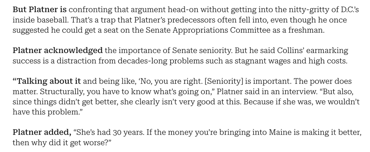 AndrewDesiderio's tweet photo. I asked Graham Platner how he’d respond on a debate stage to Susan Collins touting the federal $$$ she’s steered to Maine due to her seniority — without falling into the trap of a squabble over D.C. inside-baseball

He started off by acknowledging it matters but then used it to make a broader point about stagnant wages & high costs stemming from a corrupt political system that, in his view, Collins embodies

Shaping up to be a really fascinating race even apart from the increasing likelihood it could be a bellwether for Senate control

https://t.co/WR3XRP8OHV