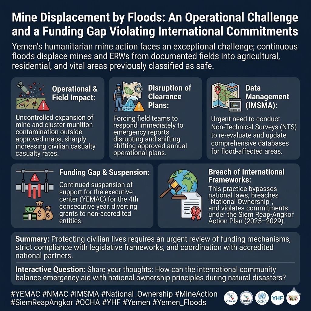 mineaction_ye's tweet photo. Recent floods in #Yemen have randomly displaced mines and cluster munitions into residential and agricultural areas previously classified as safe, creating an urgent field crisis and disrupting emergency clearance plans.This challenge comes amid a 4-year continuous funding suspension by @OCHAYemen and @YHF_Yemen for the accredited national partner (YEMAC), while diverting grants to unauthorized entities. This directly violates "National Ownership", international standards (IMAS), national standards (YMAS), and commitments under the Siem Reap-Angkor Action Plan (2025–2029).We reaffirm that any mine action activities supported by @OCHAYemen and @YHF_Yemen without referencing the National Committee—and in alignment with national priorities, strategic plans, and annual operational plans—are completely unapproved and unacceptable. Such activities will neither be integrated into the information management system (IMSMA) nor included in the Article 7 Report.The National Committee will enforce all legal measures and procedures stipulated under the Siem Reap-Angkor Action Plan, and formal notifications will be submitted to the Presidency of the Anti-Personnel Mine Ban Convention and the Implementation Support Unit (ISU).Full details in the infographic 📊👇#Yemen_ ⁠#العمل_الإنساني #الإغاثة_الإنسانية #مساعدات_إنسانية #التنمية_المستدامة #Humanitarian #HumanitarianAid⁠ #Floods #MineAction #National_Ownership #Yemen #HumanitarianAid #YEMAC

⁠#التوطين #الملكية_الوطنية #العمل_الإنساني_المحلي #⁠#اليمن #Yemen #الأزمة_الإنسانية #تمويل_المشاريع #HumanitarianCrisis⁠ #Localisation #ShiftThePower #NationalOwnership⁠