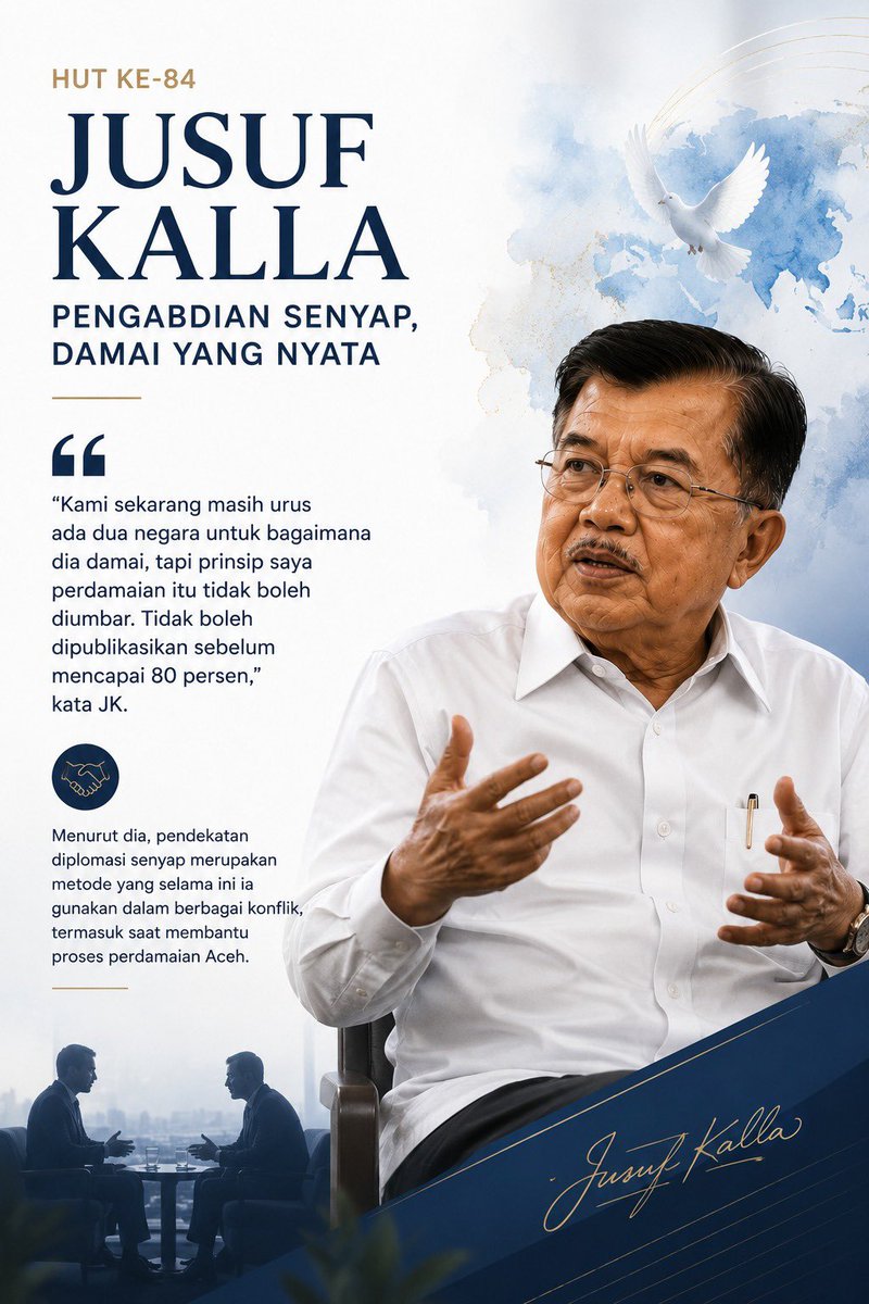 jxnnyaa_'s tweet photo. Pengabdian tak selalu gemilang di atas panggung. Kadang, ia hadir dalam senyap yang menjaga damai nyata. Selamat HUT ke-84, Pak Jusuf Kalla. Terima kasih untuk keteladanan dalam diplomasi tanpa publikasi. 🤍 #JusufKalla https://t.co/plci0ItjbE