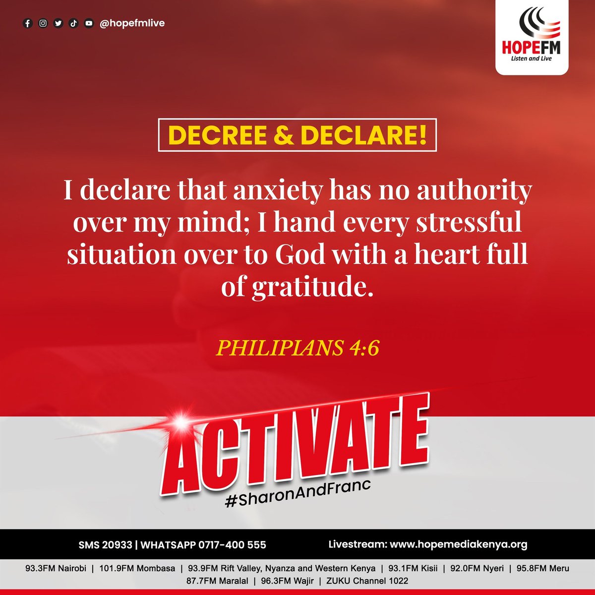 HopeFMLive's tweet photo. Let's DECLARE...!
Philippians 4:6
Be careful for nothing; but in every thing by prayer and supplication with thanksgiving let your requests be made known unto God.
@Favoured_Franc
#DecreeAndDeclare
#BreakfastTable
#SharonAndFranc
#ListenAndLive https://t.co/6g0BECI5rN