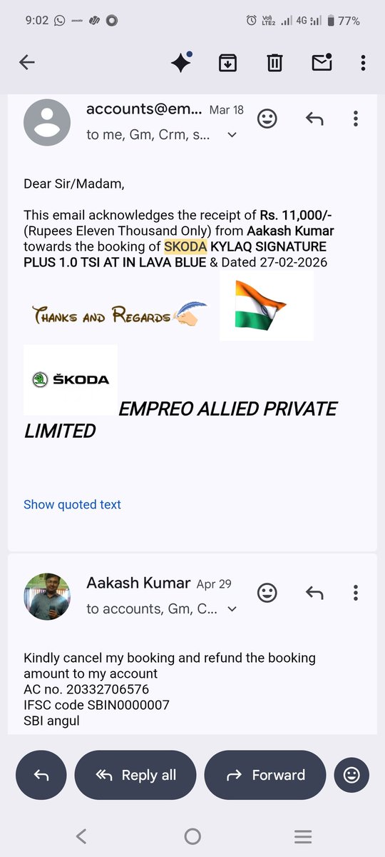 Aakash18jan's tweet photo. @SkodaIndia @skodaautonews @SkodaIndia_PR how many days does it take for refund against cancellation? https://t.co/mSs57J6Kys