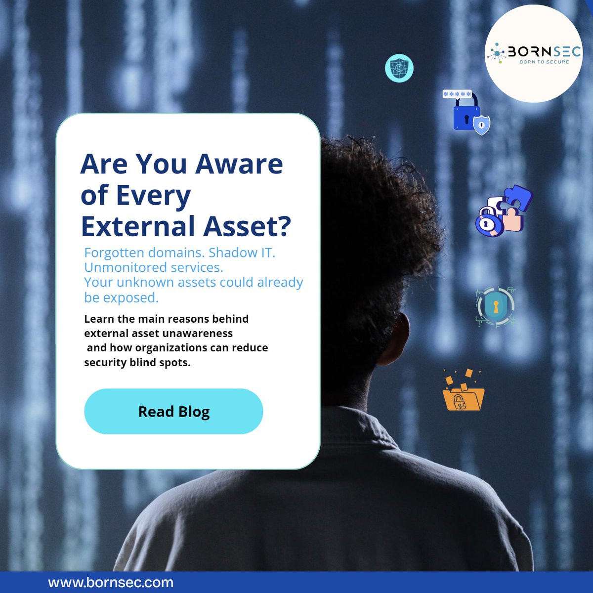 Bornsec_LLP's tweet photo. Discover the primary reasons behind external asset unawareness and how to mitigate the risk before attackers exploit it.

 Read Blog - https://t.co/v3An7tPEiA

#CyberSecurity #AttackSurfaceManagement #ASM #ThreatExposure #CyberAwareness #ExternalAssets #SOC #SecurityMonitoring https://t.co/eRQpKaC6ZY