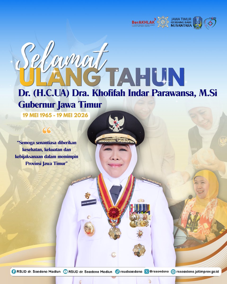 rssoedono's tweet photo. Selamat ulang tahun untuk Ibu Dr. (https://t.co/IVwooP0IoA) Dra. Khofifah Indar Parawansa, https://t.co/ujmwJHONFw 🎉
Semoga senantiasa diberikan kesehatan, kekuatan, dan kebijaksanaan dalam memimpin Jawa Timur menjadi lebih maju, sejahtera, dan berdaya saing. https://t.co/wpxT1Xvvli