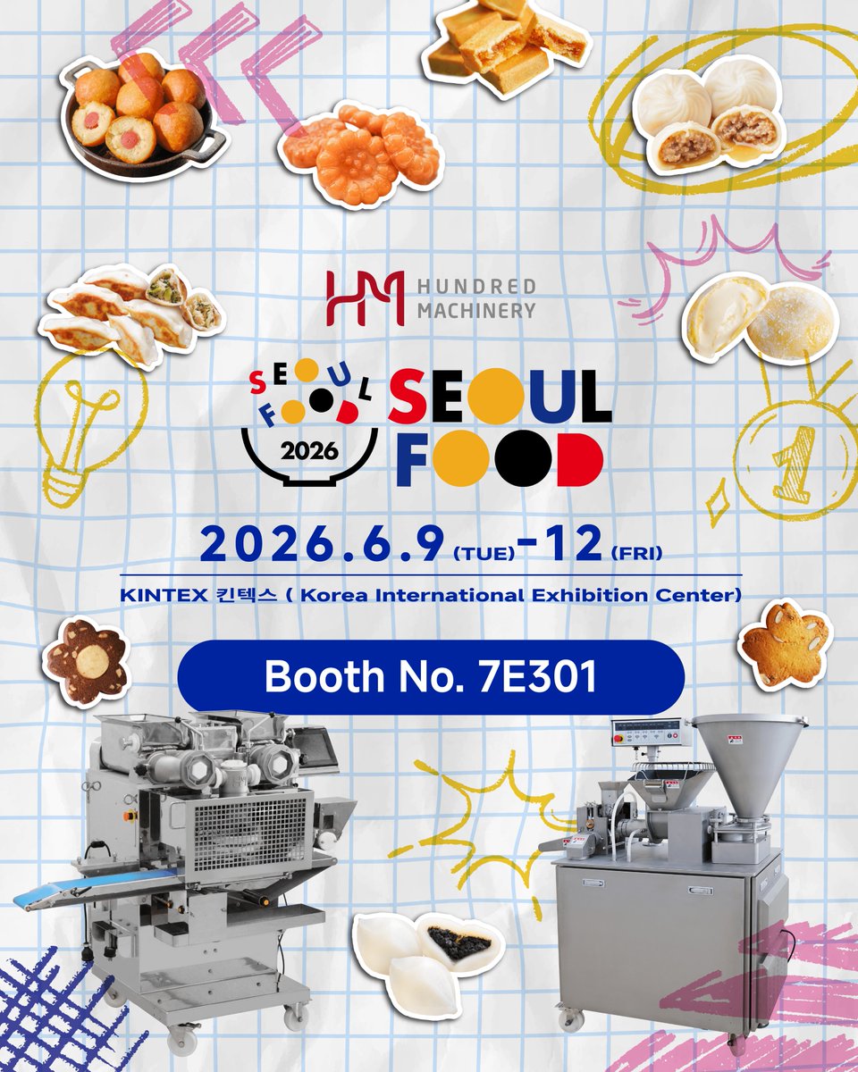 hundredmachine's tweet photo. 🚨 HM is excited to participate in Seoul Food 2026 🇰🇷
popular machines at the exhibition

✨ HM-558+HM-101+HM-203 

Exhibition Information
● Date: June 9(Tue)–12(Fri), 2026
● Time: 09:30–17:00 (until 15:00 on May 19)
● Booth: 7E301 
● Venue: KINTEX SEOUL FOODTECH PAVILION https://t.co/Taxg63Bxks