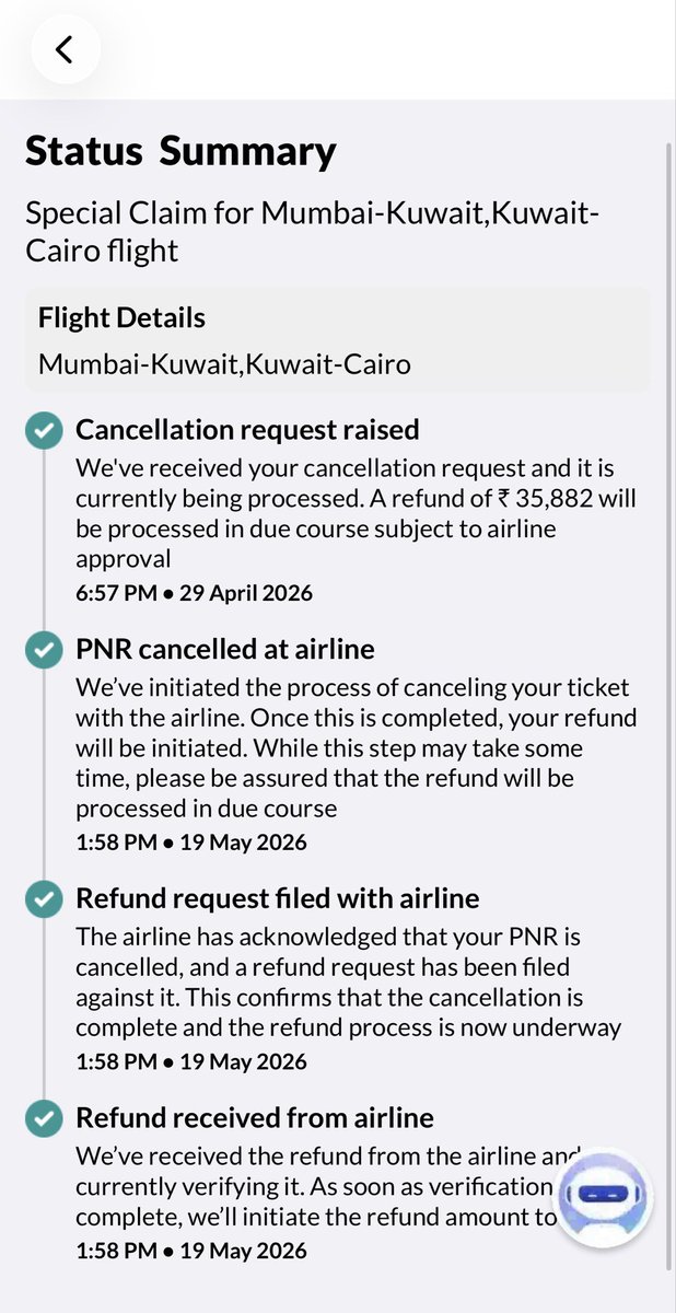8d78ef3eedcd41b's tweet photo. Again a similar experience with MMT. My onward flight from Mumbai to Cairo flights are cancelled by airline for May 1st. I had paid a sum of ₹41,308/- for the flights but getting a refund of ₹35,882/-. Another similar instance of being charged unnecessarily. Need a full refund. https://t.co/sD2nYSMyRk