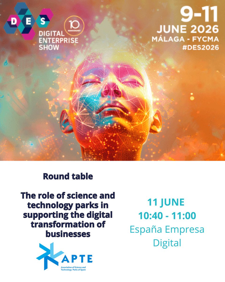 APTE_es's tweet photo. 🚀 APTE vuelve a participar en @DES_show

🗓️Del 9 al 11 de junio, APTE estará presente en el #DES2026 en Málaga junto a sus proyectos #PTEDisruptive y @3D_Circular.

ℹ️https://t.co/D4YoHMWzNF

#LosParquesAportan https://t.co/d6RxrKyihH