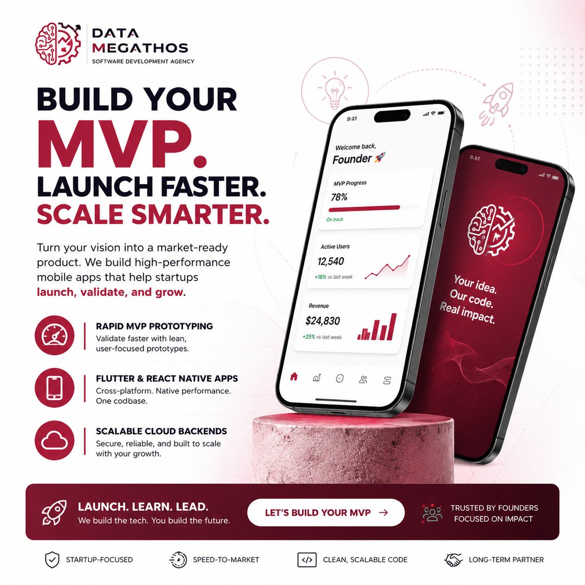 datamegathos's tweet photo. Turn your vision into a market-ready product. We prioritize speed-to-market with high-performance MVP development for iOS and Android, ensuring your startup can scale rapidly as your user base grows.

- Rapid MVP Prototyping
- Flutter &amp; React Native Apps
- Scalable Cloud Backends https://t.co/DQKMqnm2oe