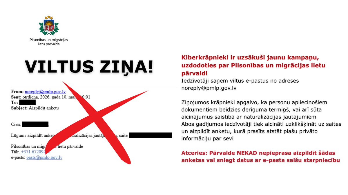 IeM_PMLP's tweet photo. Uzmanību! Krāpnieki sūta viltus e-pastus Pārvaldes vārdā no  adreses noreply@pmlp.gov.lv
Ja saņem šādu e-pastu:
❌NEKĀDĀ GADĪJUMĀ neklikšķini uz e-pastā iekļautajām saitēm
❌NEIZPAUD savus vai citu personu datus
❌NEIEVADI internetbankas piekļuves vai citus identifikācijas datus. https://t.co/2EyQsjKkaA