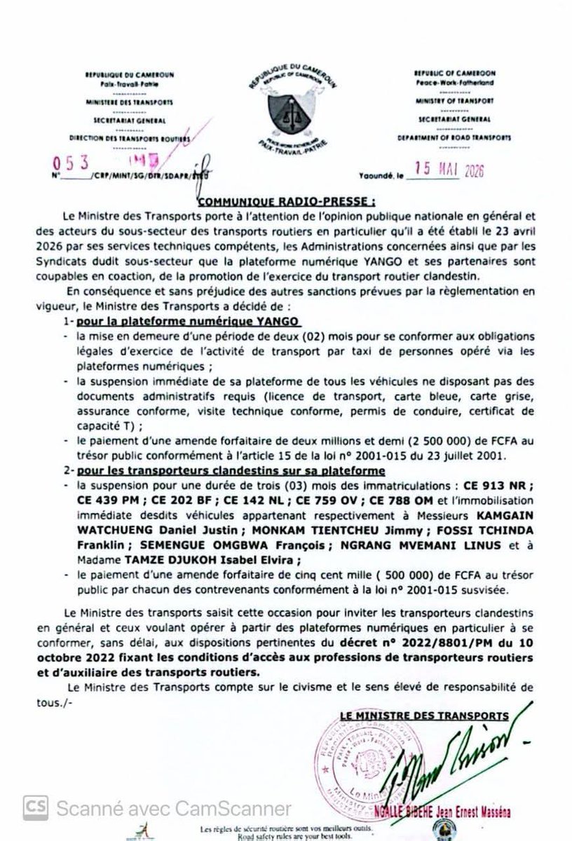 TeleAsuOfficiel's tweet photo. TRANSPORT - Le ministère des Transports inflige une amende forfaitaire de 2,5 millions de FCFA à Yango et sanctionne plusieurs conducteurs de la plateforme. Il leur est reproché de favoriser le transport routier clandestin.

Dans un communiqué signé du 15 mai 2026, le ministre Transports fait savoir que les services techniques compétents, les administrations concernées ainsi que les syndicats du sous-secteur des transports routiers ont établi, le 23 avril dernier, la responsabilité de la plateforme dans la promotion du transport routier clandestin.

Le ministère accorde ainsi à Yango un délai de deux mois pour se conformer aux obligations légales encadrant l’activité de transport par taxi via les plateformes numériques. En attendant, la plateforme devra suspendre immédiatement tous les véhicules ne disposant pas des documents administratifs requis, notamment la licence de transport, la carte bleue, l’assurance, la visite technique ou encore le certificat de capacité

Parallèlement, plusieurs véhicules identifiés comme opérant clandestinement sur la plateforme ont vu leurs immatriculations suspendues pour une durée de trois mois, avec immobilisation immédiate des véhicules concernés. Les propriétaires devront en outre s’acquitter chacun d’une amende de 500 000 FCFA au Trésor public.

#Echostech #TeleAsu
……………
Connecte-toi à l'info utile 👉 https://t.co/kEIxQFCjzV
📳 Télé’Asu [+237 677550981]