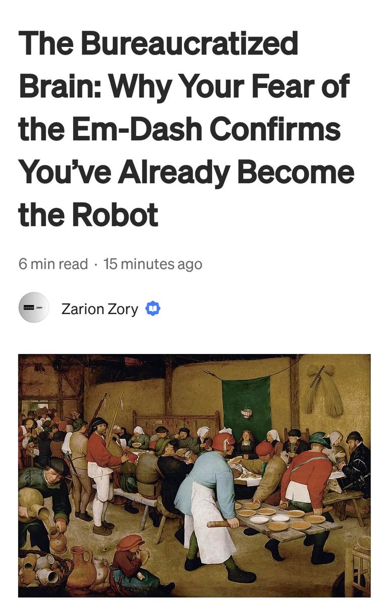 ZarionZory's tweet photo. The Bureaucratized Brain: Why Your Fear of the Em-Dash Confirms You’ve Already Become the Robot
https://t.co/uzsa2YDuMf
#ZarionZoryStory #LLMs #TrainingData #Writing #Literature https://t.co/JQDBiJKv3F