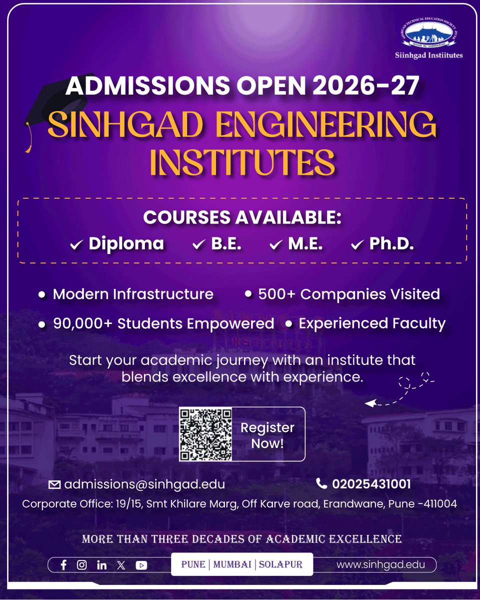 Skncoe_CompDept's tweet photo. Your future starts here ✨
Admissions Open 2026-27 at Sinhgad Engineering Institutes.
From Diploma to Ph.D., step into a journey built on innovation, and endless opportunities.
Ready to build your future🎓
📞 Contact: 02025431001
🌐 Visit: https://t.co/ltYD3RLzcA https://t.co/o6UaymdyF1