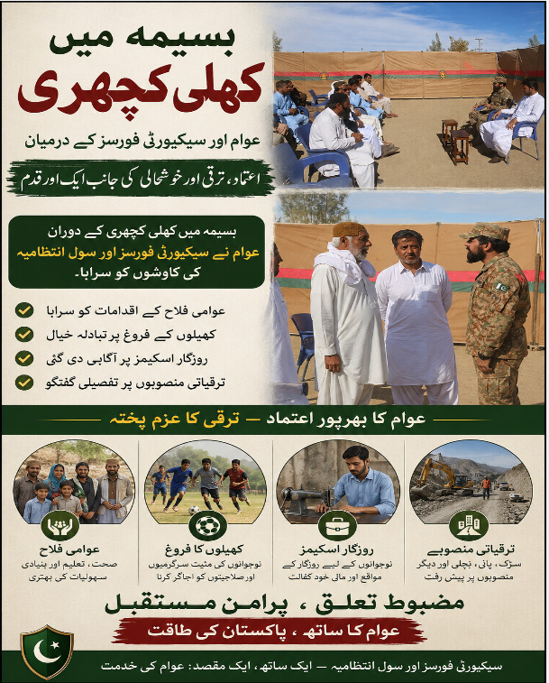 TalibBaloch99's tweet photo. بسیمہ میں کھلی کچہری کے دوران عوام نے سیکیورٹی فورسز اور سول انتظامیہ کی کاوشوں کو سراہا۔ عوامی فلاح، کھیلوں کے فروغ، روزگار اسکیمز اور ترقیاتی منصوبوں پر تفصیلی گفتگو کی گئی۔
#Basima 
#KhuliKachehri 
#PublicEngagement https://t.co/Nzc8WstDJe