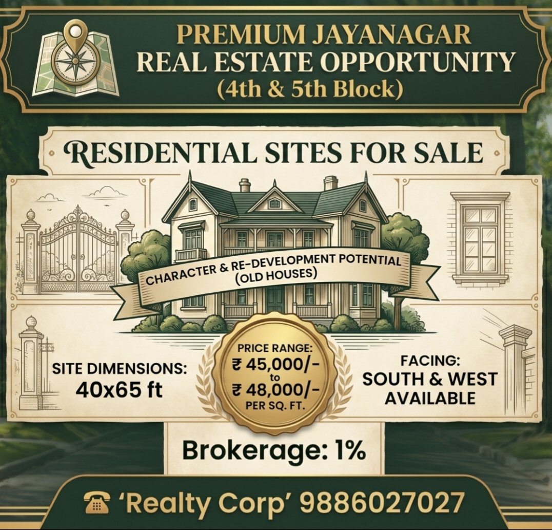 RealtyCorp's tweet photo. Residential Sites For Sale In Jayanagar 4th &amp; 5th Block 

☎️ 'Realty Corp' 9886025027

#Bangalore #Bengaluru #BangaloreRealEstate #BangaloreProperties #IndianRealEstate #Jayanagar #HouseForSale #RealEstate #HomeBuyers #BDASites #NRI #NRIServices #BangaloreHousing #Investment https://t.co/Q0YahYrjIv