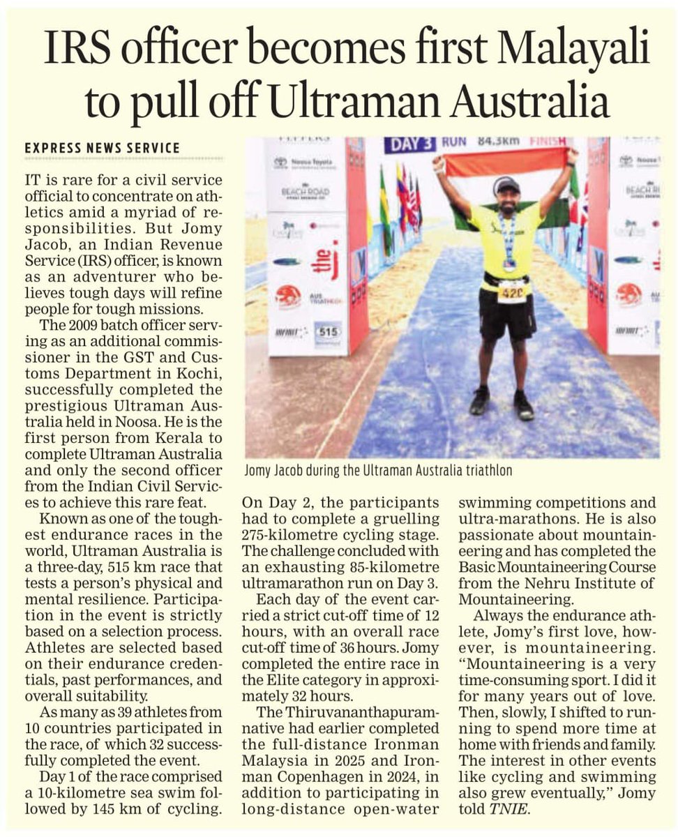 IRS_CIT's tweet photo. Congratulations to Mr. Jomy Jacob, IRS (C&IT) 2009 batch, on successfully completing Ultraman Australia at Noosa! 🏊🚴🏃 A remarkable feat of endurance, discipline, and determination.
Currently posted as Additional Commissioner, CCO, @cgstcustvm Zone. Wishing him many more milestones ahead! 👏🇮🇳