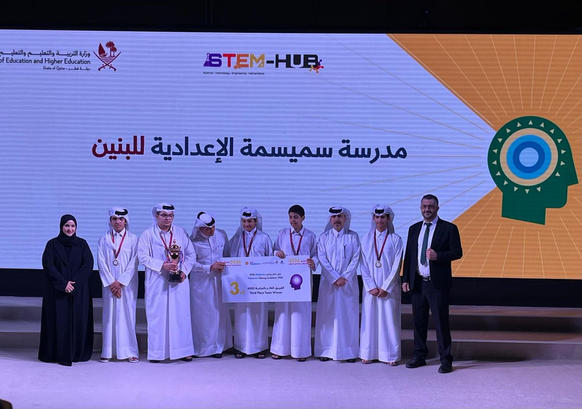 Smaisma_School's tweet photo. تتقدم مدرسة سميسمة الإعدادية للبنين بالتهنئة لطلبتنا الأعزاء ومعلميهم بمناسبة حصول فريق المدرسة على المركز الثالث في برنامج NXplorers المقدم من شركة Shell Qatar حيث تم تكريمهم أمس الإثنين 18/05/2026. https://t.co/FLwjWSxGyi