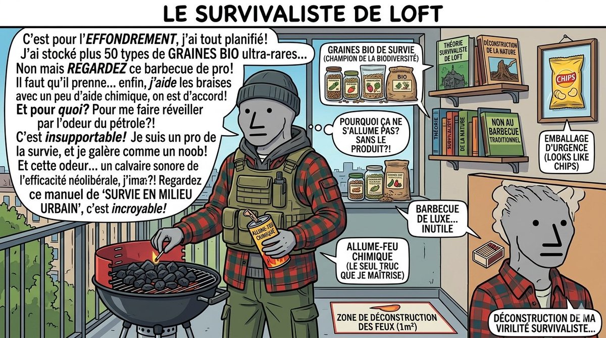 KimJongUnique's tweet photo. Le survivaliste de loft 

Il stocke des graines bio pour l'effondrement, mais ne sait pas allumer un barbecue sans allume-feu chimique.

​08:15. Baptiste se réveille dans son 45m² acheté un demi-million d'euros. Il enfile son pull en laine de yak éco-responsable (320€) et consulte l'application Yuka pour vérifier l'indice de résilience de son lait d'avoine. Baptiste est inquiet : il a lu sur un fil Telegram de "collapsologues" que le système bancaire allait s'effondrer d'ici vendredi. Heureusement, il a anticipé.

​11:30. Inspection de la "zone de repli tactique" (le placard à balais entre l’aspirateur Dyson et les fixations de son vélo de pignon fixe). Baptiste y stocke son "kit de survie de pointe" : 40 pots de purée de cacahuètes bio, 15 paquets de quinoa équitable et un purificateur d'eau à filtre de charbon actif pour filtrer l'eau de la Seine "au cas où". Il caresse son couteau de survie Bear Grylls (qui n'a jamais coupé autre chose que du fromage de chèvre à la truffe) avec le sentiment du devoir accompli. Il est prêt à affronter Mad Max.

​13:00. Le drame de la survie en milieu hostile. Baptiste tente de monter un meuble en palette de récup sur sa terrasse de 3m². Il se fait un bobo avec une écharde. Pris de panique face à l'effusion de sang (une micro-goutte), il appelle le 15 avant de se rappeler que le système de santé est en ruine. Il applique un baume bio à la lavande en retenant ses larmes. "La nature est cruelle", murmure-t-il.

​19:30. C'est l'heure du "barbecue urbain" avec des amis de la French Tech. Baptiste veut prouver ses compétences de mâle alpha post-apocalyptique. Face au petit barbecue de table, c’est le fiasco : il essaie de frotter deux morceaux de bois flotté ramassés sur une plage de l'Île de Ré. Rien ne prend. Après 45 minutes de humiliation sociale devant sa meuf, il craque en douce, vide la moitié d'un flacon d'allume-feu chimique Zip ultra-toxique et jette une allumette en priant pour que personne ne voie la fumée noire cancérigène.

​23:00. Ses potes sont partis en trottinette électrique. Baptiste, épuisé par sa journée de "retour à la terre", commande un Uber Eats parce qu'il a la flemme de cuire ses lentilles corail bio qui demandent 40 minutes de cuisson. Il s’endort devant un documentaire Netflix sur la fin du monde, rassuré par son abonnement Premium.

​Prêt pour la fin du monde, mais seulement si le livreur Deliveroo est disponible.