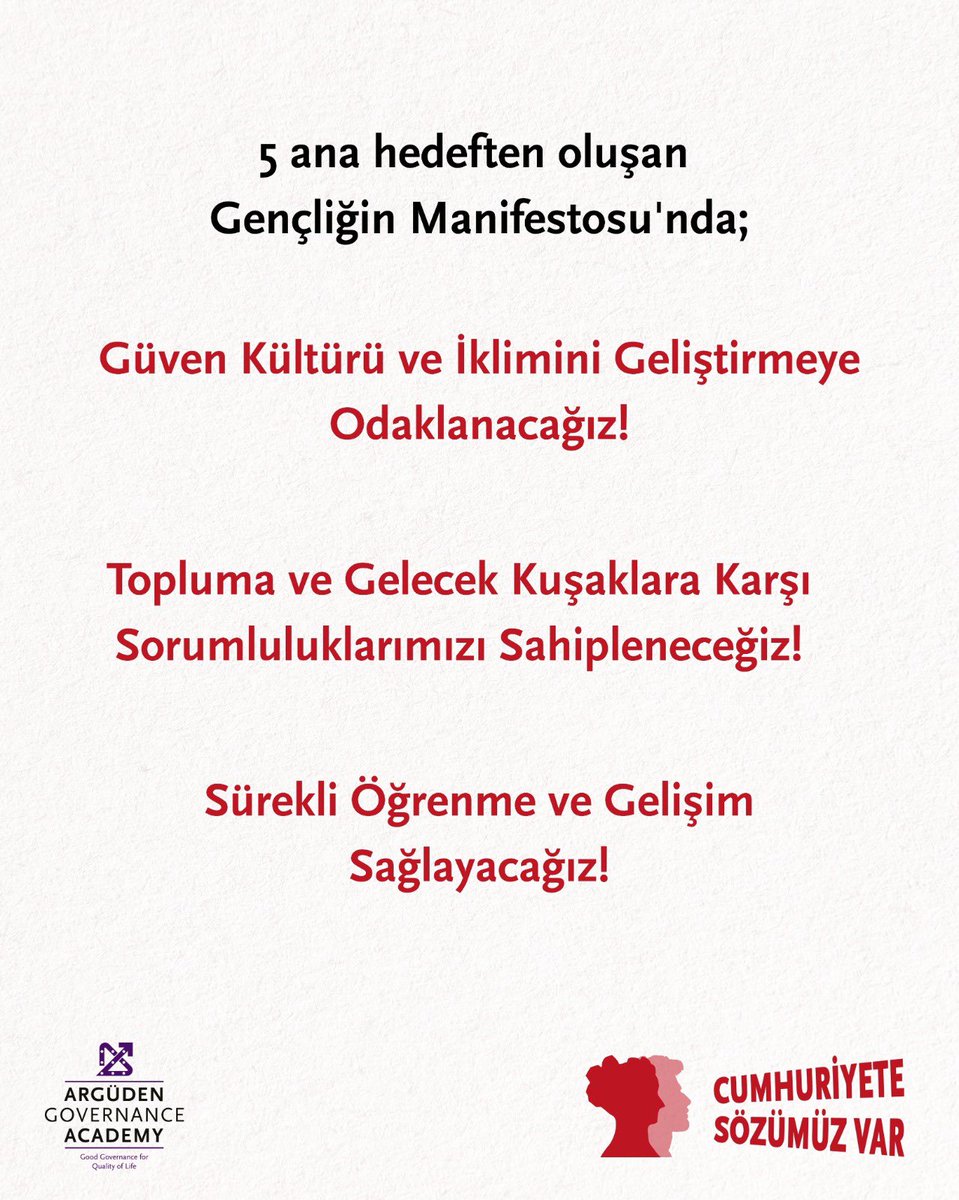 ArgudenAkd's tweet photo. 19 Mayıs, umutla başlayan bir yolculuğun, cesaretle atılan ilk adımın ve gençliğe duyulan güvenin simgesidir. Cumhuriyet’in gençlere bıraktığı en değerli miras; daha iyi bir gelecek için sorgulayan, sorumluluk alan, üreten ve ortak iyilik için harekete geçen bireyler olmaktır. 

Argüden Yönetişim Akademisi Gençlik Ağı ile gençlerin gönüllülük, sorumluluk ve katılımcılık değerleriyle güçlenmelerini; toplumsal fayda üretiminde aktif rol almalarını ve “Cumhuriyete Sözümüz Var” diyerek toplumsal dönüşümün öncüsü olmalarını destekliyoruz.

Cumhuriyet’e sözü olan herkesi manifestomuzu imzalamaya, bu ortak sorumluluğun bir parçası olmaya ve daha iyi bir geleceği birlikte şekillendirmeye davet ediyoruz. 

19 Mayıs Atatürk’ü Anma, Gençlik ve Spor Bayramımız kutlu olsun.

https://t.co/Vgnik3uMtI