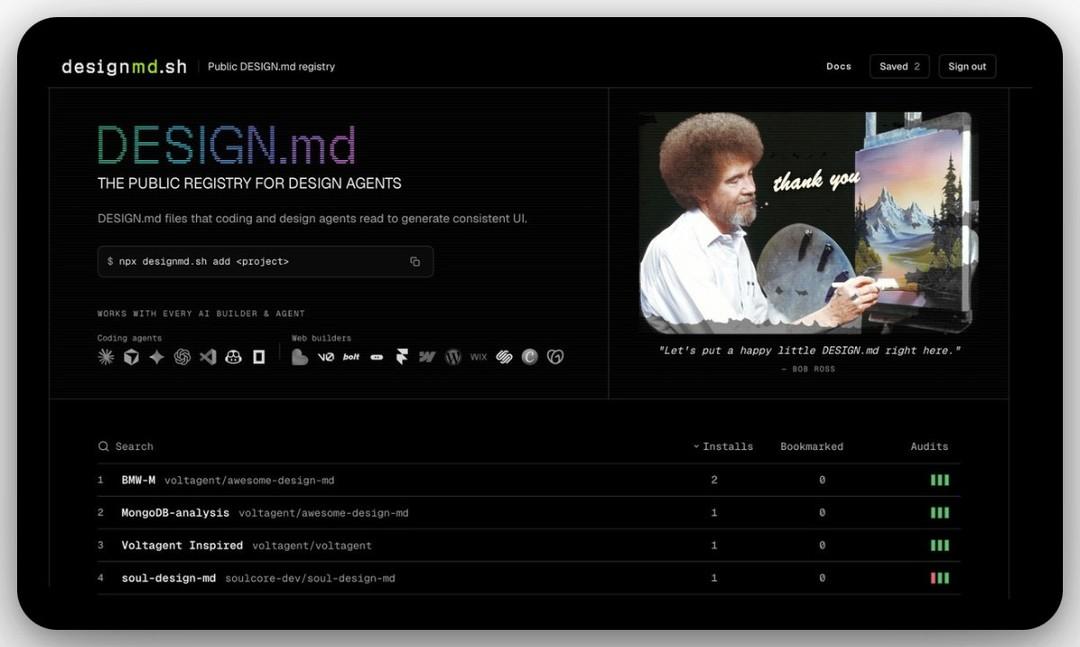 DhruvOnSteroids's tweet photo. https://t.co/7H0jIbkXTG is now live.

It’s the first public registry for DESIGN. md files, released by the VoltAgent team.

If SKILL. md defines what AI agents can do, DESIGN. md defines how the output should look.

Check it out.

Link : https://t.co/qbr010g1ra https://t.co/NQfZvlbsK6