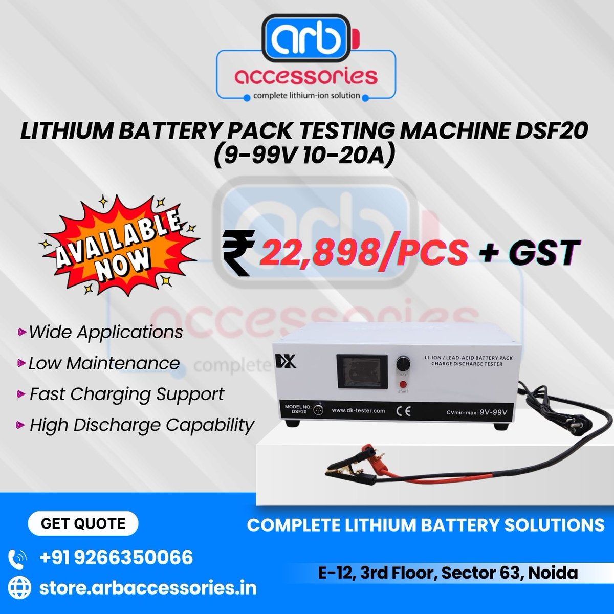 arb_ltd's tweet photo. 🔋 Battery Testing Machines Available Now ⚡
📞 +91 9266350066
🌐 https://t.co/4BZbLAJl3D
📍 E-12, 3rd Floor, Sector 63, Noida
#BatteryTester #LithiumBattery #BatteryTesting #BatteryPack #DSF20 #DSF40 #DKBPT50 #BatteryMachine #EVBattery #ARBAccessories https://t.co/dpBUxDMmeS