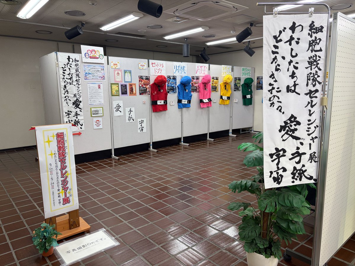 Book_Partner's tweet photo. 蒲郡市立図書館です。「細胞戦隊セルレンジャー展」開催中🦠セルレンジャーたちの衣装や大橋裕之さんの原画などを展示しています。セルレンジャーへの手紙を入れるポストや、どのレンジャーを応援したいかの投票もありますよ。展示は5/24(日)まで。お見逃しなく
#蒲郡 #図書館 #細胞戦隊セルレンジャー https://t.co/WTnMQ2Hedy