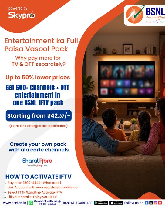 cgm_mh_bsnl's tweet photo. Entertainment ka full maza, ab budget mein..
Choose your favourite channels, save more and watch what you love.

Activate easily on WhatsApp: 1800-4444

#BSNLIndia #StayConnected #InternetForEveryone #DigitalLife #IndiaOnline #TechUpdates #BSNLServices #SmartIndia @robertravi21 https://t.co/KQZjtcfVVA