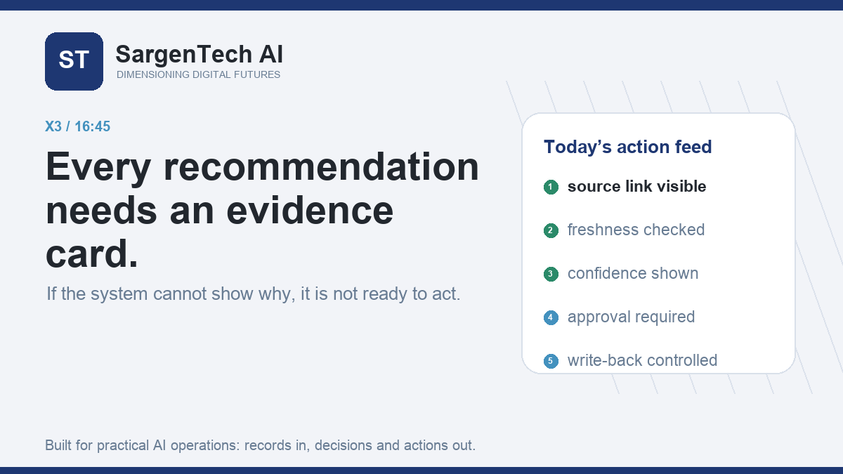 SargenTech_AI's tweet photo. Before an AI system acts, it should show the card: source, freshness, confidence, owner, approval state and why this is next. If the evidence is hidden, the product feature is not more autonomy. It is a clearer action surface. https://t.co/P8z9uA0chm