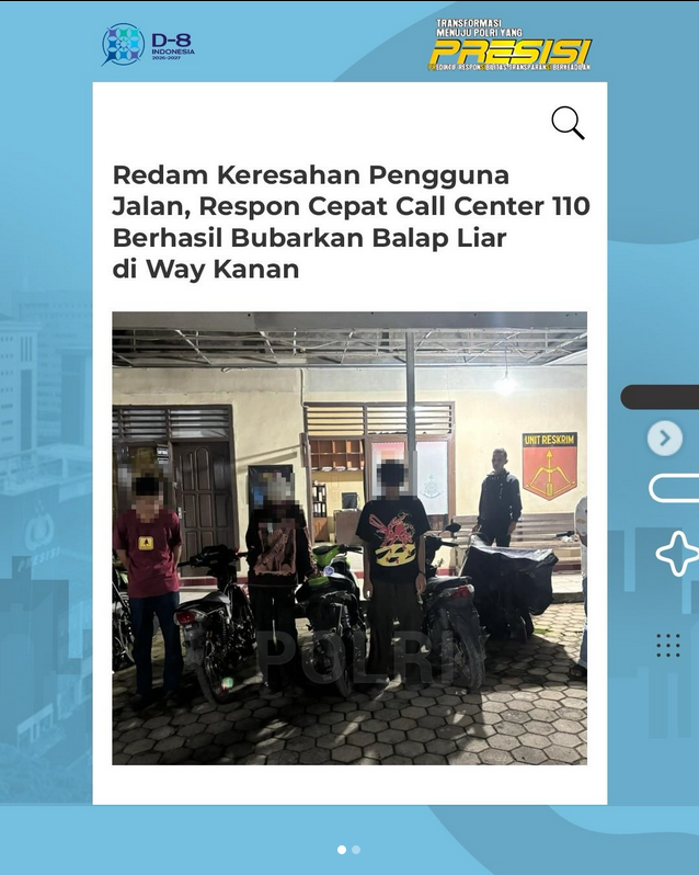 respaskot11's tweet photo. Polri melalui Polsek Baradatu, Polres Way Kanan, Polda Lampung bergerak cepat merespons aduan masyarakat terkait aksi balap liar di Jalan Lintas Tengah Sumatera (Jalinsum) Kampung Tiuh Balak Pasar, Baradatu pada Minggu (17/5) dini hari. #BerantasTindakKejahatan https://t.co/6uMSUvn8jR