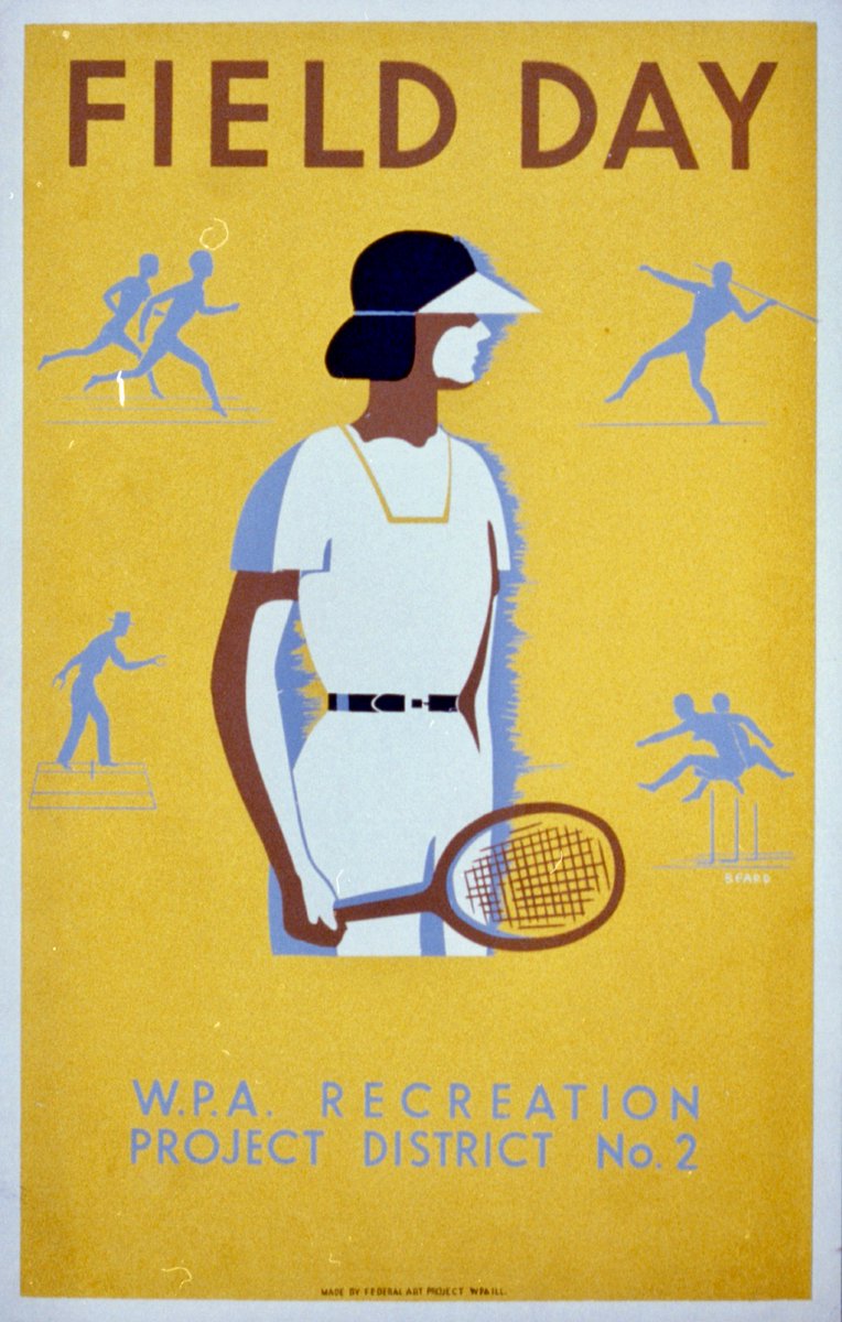 LRonLacy's tweet photo. ‘Field Day - WPA Recreation Project, Dist. No. 2’
Color silkscreen by ‘Beard’. Federal Art Project, WPA Illinois [1939].
#GreatDepression #FDR #TheNewDeal #WPA #WorksProgressAdministration #athletics #tennis #trackandfield #recreation #FederalArtProject https://t.co/p1ZCxUEg81
