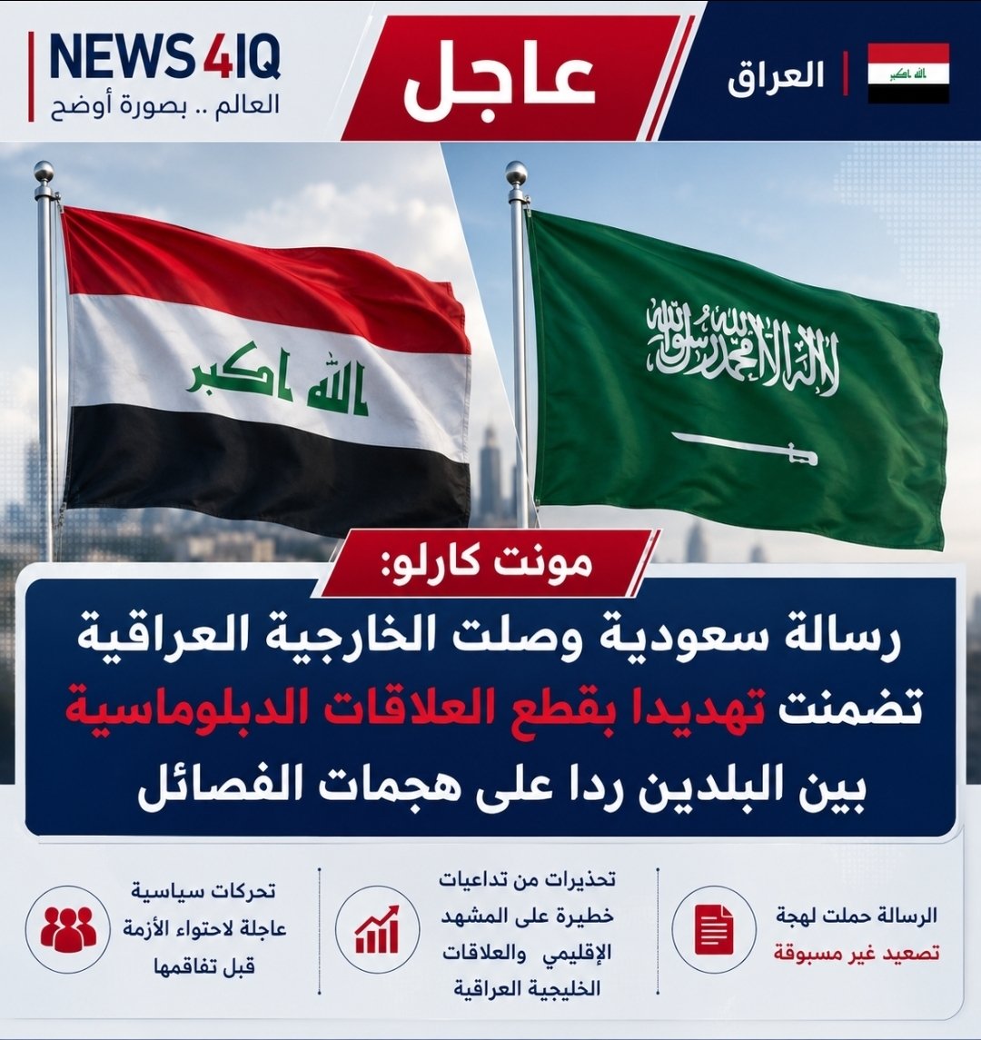 News4iq's tweet photo. 🔴 مونت كارلو:
رسالة سعودية وصلت إلى الخارجية العراقية تضمنت تهديداً بقطع العلاقات الدبلوماسية بين البلدين، رداً على هجمات الفصائل المسلحة.

▪️الرسالة حملت لهجة تصعيد غير مسبوقة، وسط تحذيرات من تداعيات خطيرة على المشهد الإقليمي والعلاقات الخليجية العراقية.

▪️مصادر دبلوماسية تحدثت عن توتر متزايد وتحركات سياسية عاجلة لاحتواء الأزمة قبل تفاقمها.

#NEWS4IQ