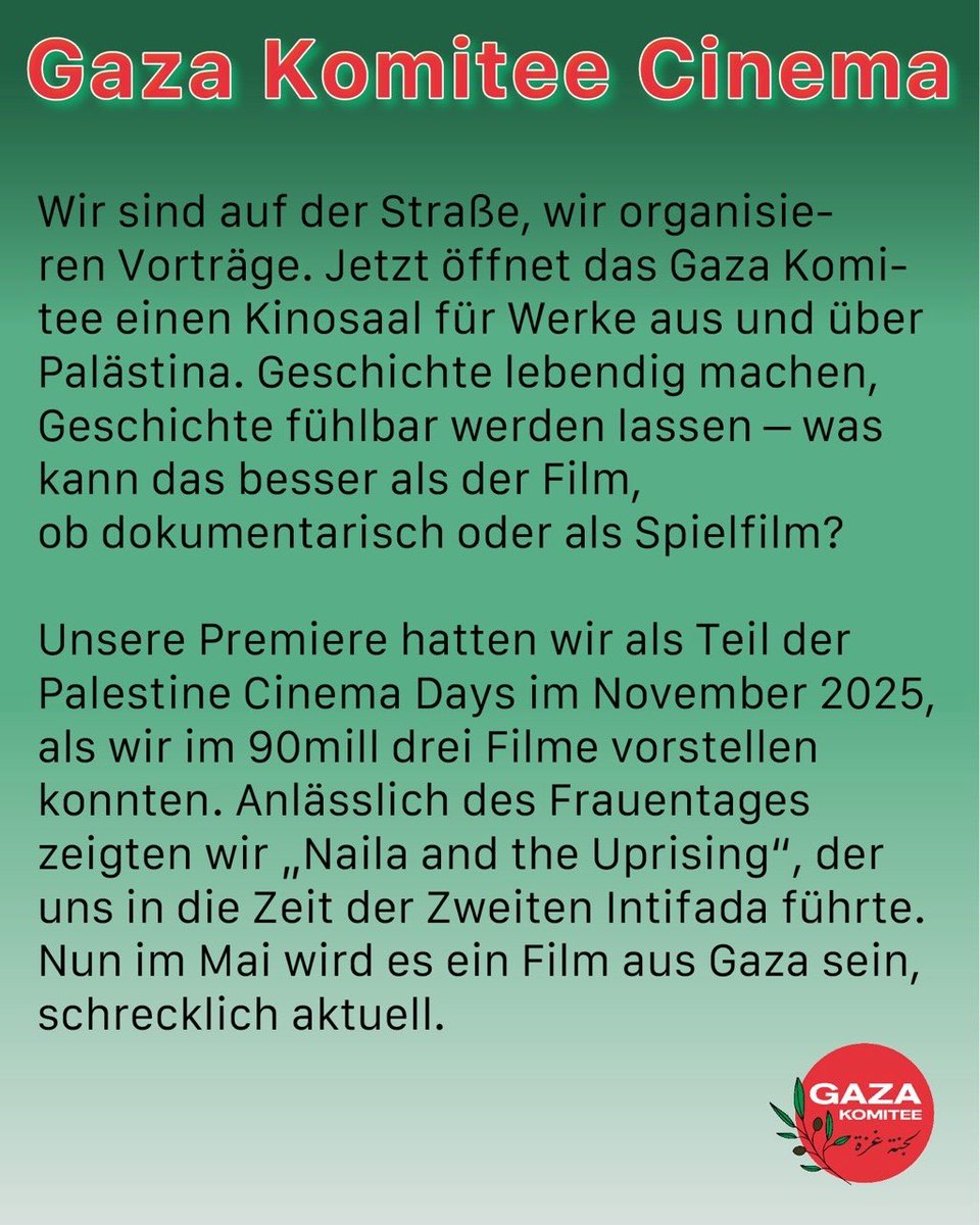 BerlinDemo's tweet photo. 💥Ankündigung! Mittwoch 20.05.2026💥

🇵🇸 🎬 Gaza Komitee Kino ‘Put your Soul on your Hand and Walk’ 🎥🇵🇸

Mittwoch, 20.05.2026 | 17:30 Uhr | 🌈 Regenbogenfabrik 🏭 Lausitzer Straße 21a, 10999 Berlin

📣 Aufruf: https://t.co/ubQcGWj6LE

#b2005 #Filmabend

1/2 https://t.co/XZYwj2wMNc