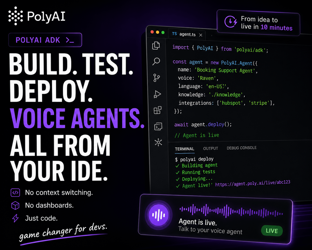 PolyAI ADK image showing build, test, and deploy voice agents from the IDE with generated knowledge and integrations