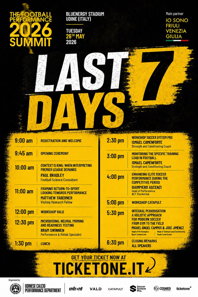 udiperformance's tweet photo. ⏳🚨 Countdown begins !
Last 7 days for the Football Performance Summit 2026 @Udinese_1896 https://t.co/aDDF1qoscz