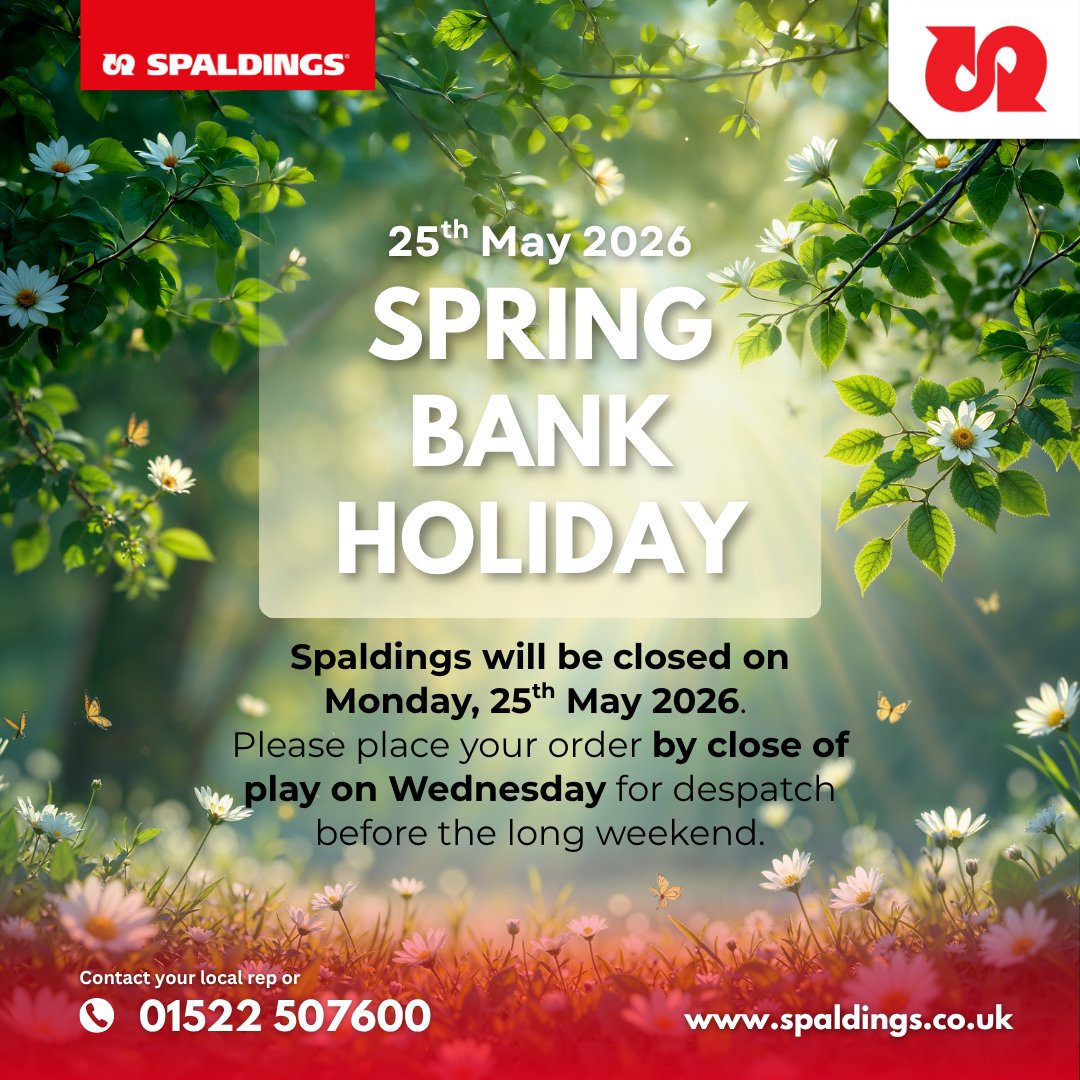 Spaldings's tweet photo. 🌼 Happy Spring Bank Holiday from Spaldings! 🌼
Wishing all our customers a relaxing long weekend.
📅 We’ll be closed Monday, 25 May
🛒 Order by Wednesday (COB) for delivery before the break
Plan ahead &amp; stay prepared ✅ https://t.co/w4w1nbacnn