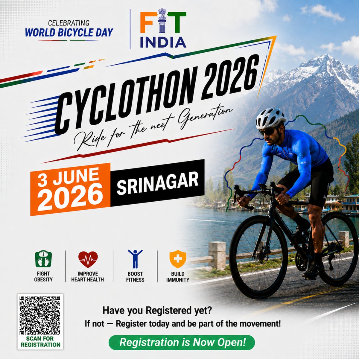 JKSportsCouncil's tweet photo. 𝗪𝗼𝗿𝗹𝗱 𝗕𝗶𝗰𝘆𝗰𝗹𝗲 𝗗𝗮𝘆. 𝗦𝗿𝗶𝗻𝗮𝗴𝗮𝗿. 𝗝𝘂𝗻𝗲 𝟯, 𝟮𝟬𝟮𝟲 |𝐑𝐞𝐠𝐢𝐬𝐭𝐫𝐚𝐭𝐢𝐨𝐧
J&K Sports Council cordially invites all fitness enthusiasts, athletes, and cycling communities to participate in Cyclothon 2026.

📷 𝗥𝗲𝗴𝗶𝘀𝘁𝗿𝗮𝘁𝗶𝗼𝗻𝘀 𝗮𝗿𝗲 𝗼𝗳𝗳𝗶𝗰𝗶𝗮𝗹𝗹𝘆 𝗼𝗽𝗲𝗻,𝘀𝗰𝗮𝗻 𝘁𝗵𝗲 𝗤𝗥 𝗰𝗼𝗱𝗲 𝗼𝗻 𝘁𝗵𝗲 𝗽𝗼𝘀𝘁𝗲𝗿 𝘁𝗼 𝗷𝗼𝗶𝗻or tap the registration link and submit your details to secure your spot.

https://t.co/28XsUzZD3W

@OfficeOfLGJandK @CM_JnK @OmarAbdullah @satishsharmajnk @listenshahid @diprjk @nuzhatjehangir  @MyYouthMyPride  @NMBA_MSJE @FitIndiaOff @WorldByCycle 
#worldbicycling #cycling #fitindiachallenge #cyclothonsrinagar
#srinagarrides #srinagarsports