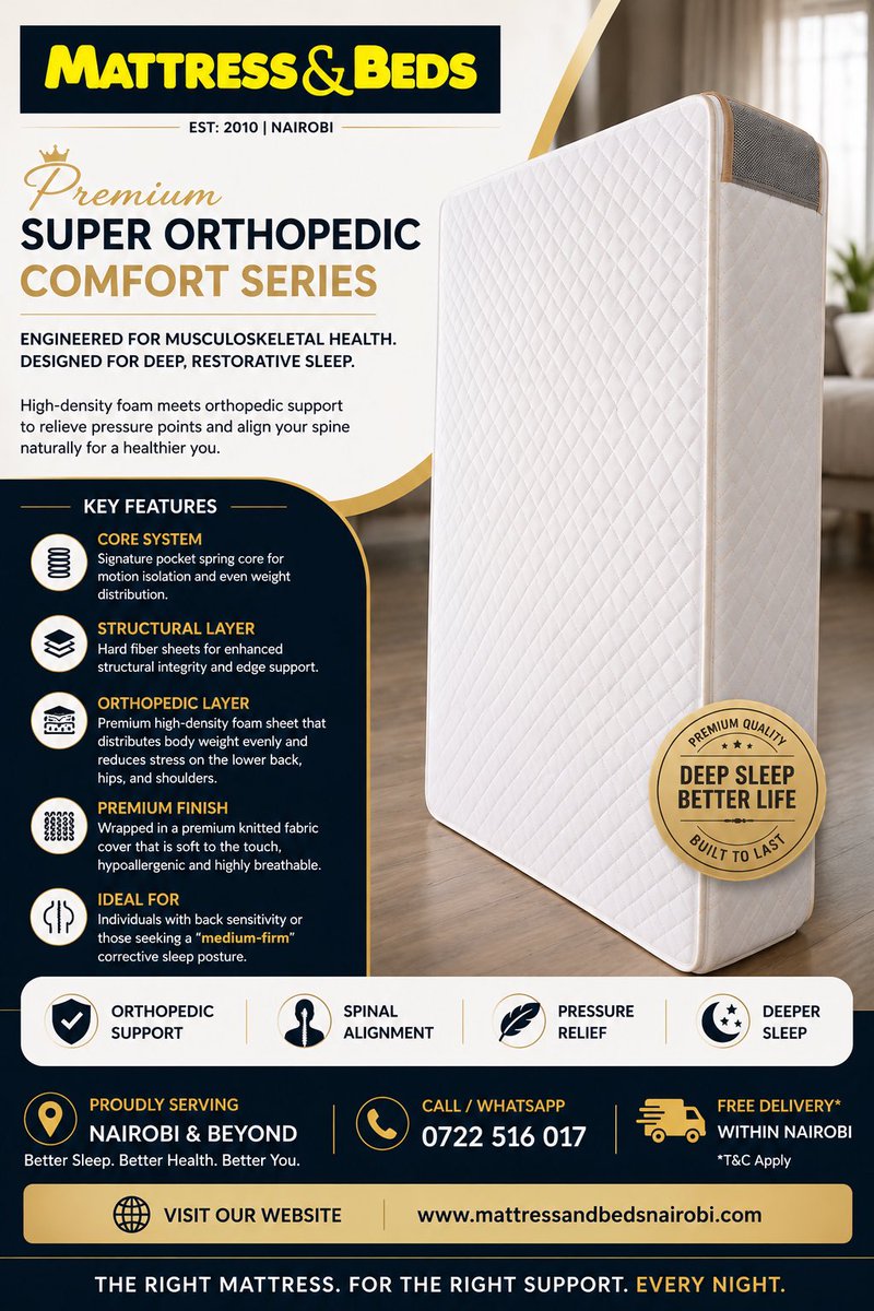 CentreSleep's tweet photo. After a long Nairobi day, your body deserves real rest.

This orthopedic mattress is made for people who are tired of uncomfortable sleep, body aches, and waking up exhausted.

✔ Medium-firm orthopedic support
✔ Pocket spring technology 
📞 0722516017
🌐 https://t.co/bnODWu4vPx https://t.co/vWrNFxoYwP