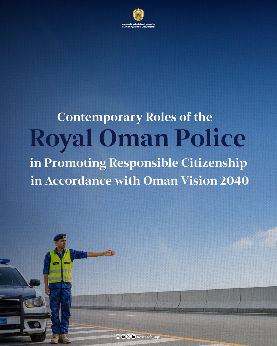 research_squen's tweet photo. A study published in the Sultan Qaboos University Journal of Arts and Social Sciences examines the contemporary roles of the Royal Oman Police 👮🏻‍♂️

For the study findings 📎

https://t.co/D5CJL2TsSn 

#ResearchForTomorrow
#SultanQaboosUniversity
#QualityEducation https://t.co/bsAhnY8Dl4