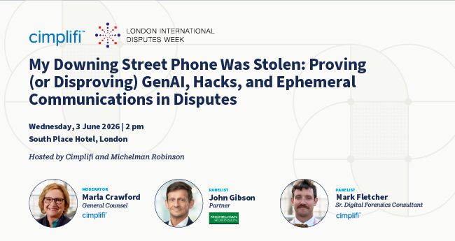 cimplifi's tweet photo. Join Cimplifi at London International Disputes Week (LIDW) for a timely conversation on AI, investigations, and modern communications in disputes.

📍 London | 🗓️ June 3
🔗 Register here: https://t.co/tqSzuCmYcr https://t.co/OYq4rQdNBK