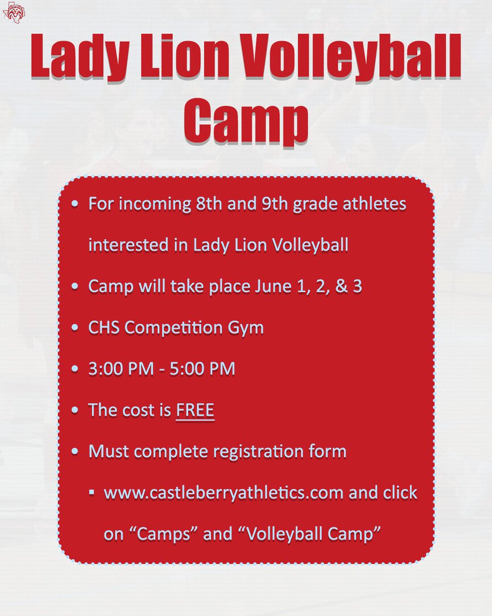 cberrysports's tweet photo. Train like a Lady Lion this summer by attending the Volleyball Camp June 1-3. The camp is for incoming 8th &amp; 9th grade athletes and will take place from 3:00 PM - 5:00 PM in the CHS Competition Gym. The cost is🆓
Register by visiting https://t.co/3etcyIjnux and click on "Camps"🏐 https://t.co/L3SKcmhDP4
