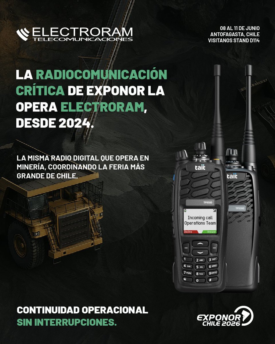 exponorcl's tweet photo. Electroram es el encargado de la radiocomunicación oficial del evento, conectando equipos, coordinando operaciones y asegurando continuidad en uno de los eventos mineros más importantes de Chile.

La misma tecnología crítica que opera en minería, hoy impulsa EXPONOR. https://t.co/M5EzvYRUt1