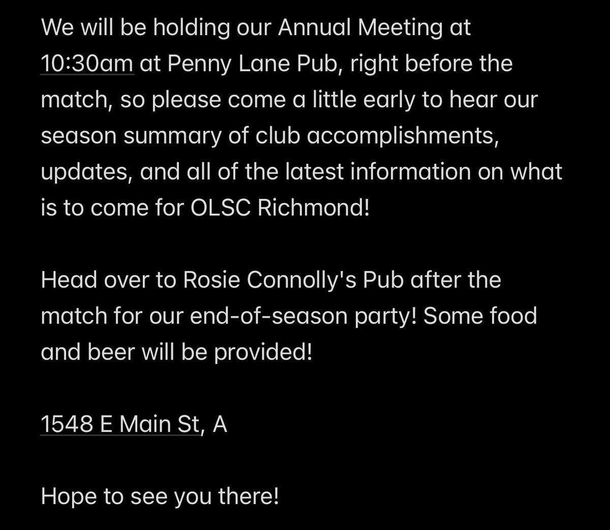 OLSCRichmond's tweet photo. Announcements for our last match on Sunday 5/24/26: https://t.co/EoJ5UeStiM