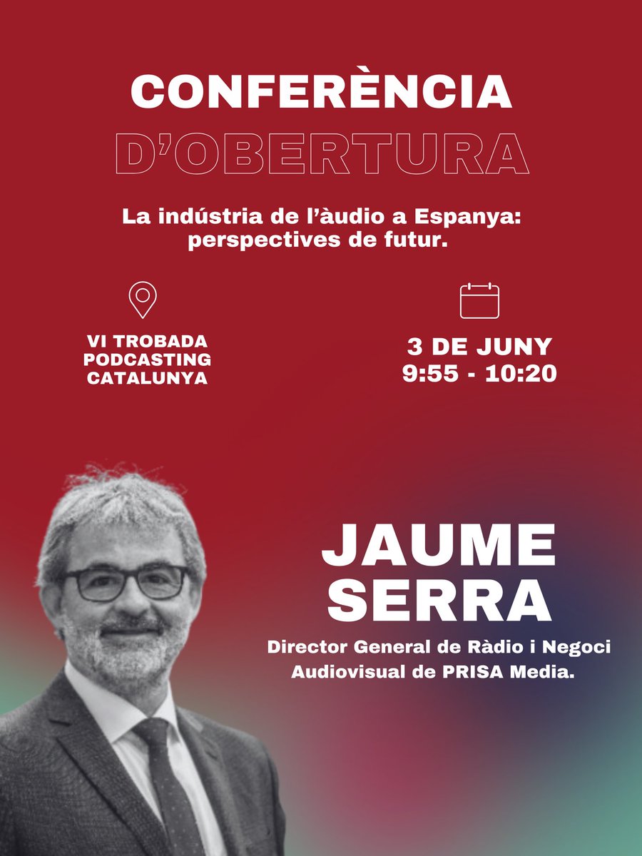 podcastingMAC's tweet photo. 🎤 Jaume Serra (PRISA Media) inaugura la VI  Jornada de Podcasting Catalunya con "La industria del audio en España: perspectivas de futuro".

Un repaso a los retos de la radio y el podcast. 🎙️

3 de junio🗓️

#podcastingcatalunya #podcast #mercataudiovisualdecatalunya https://t.co/RKVsQBvI5e