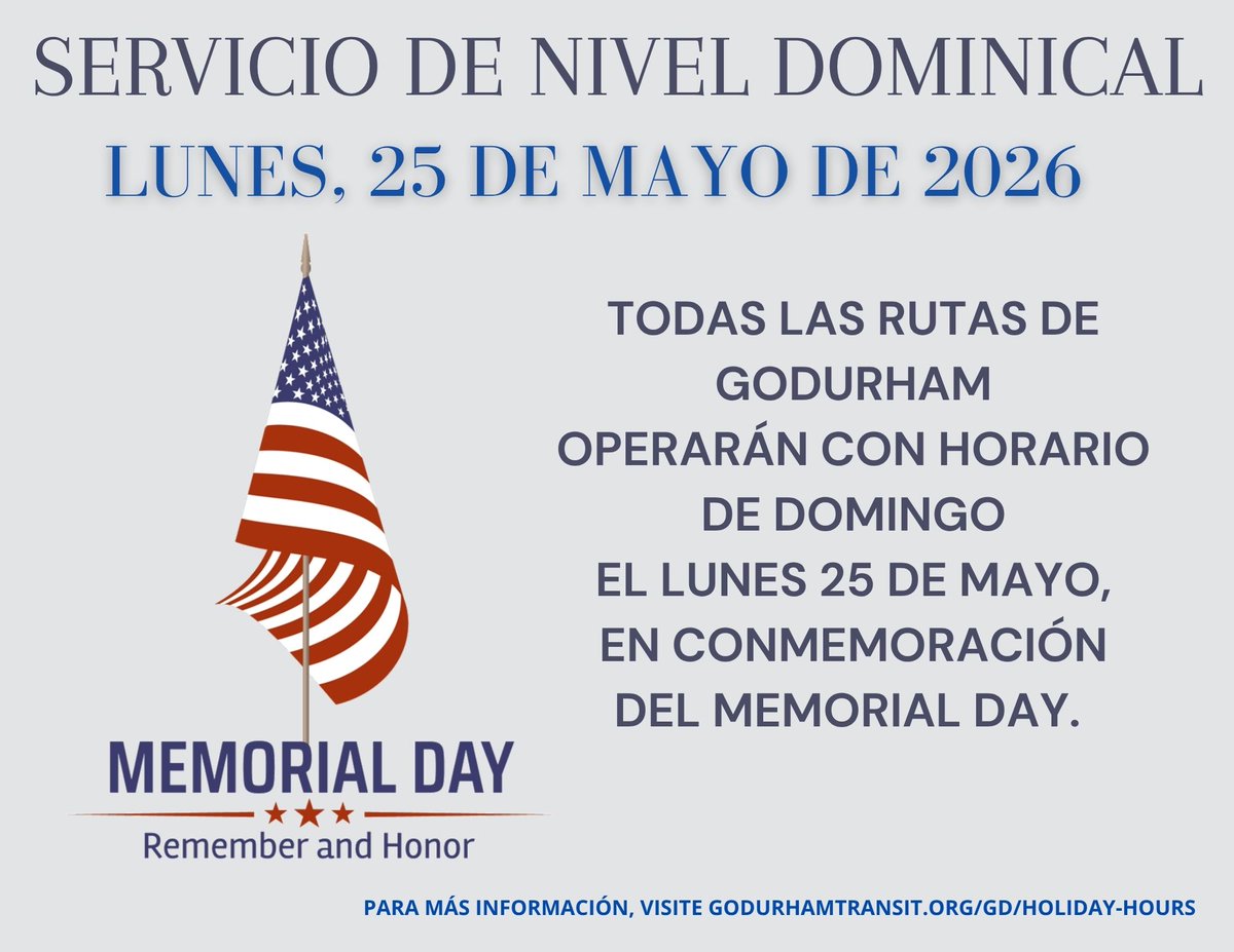 GoDurhamTransit's tweet photo. 🚨 RIDER ALERT 🚨

Effective, Monday, May 25th all GoDurham Routes will operate on Sunday Level Service, in observance of Memorial Day. 

Please plan your trips accordingly and visit https://t.co/VP5I9HNByr for more information! https://t.co/vn8mRuzvB8