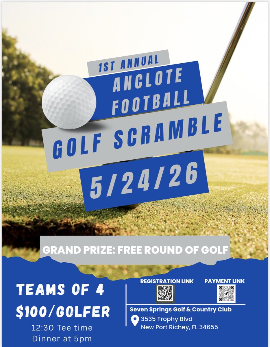 AncloteFB's tweet photo. Still time to sign up and play this weekend at Anclote Football First ever Golf Scramble!!! Scan the QR code and register and pay! All proceeds go to the Anclote Football team! https://t.co/8dHTSCDaP8