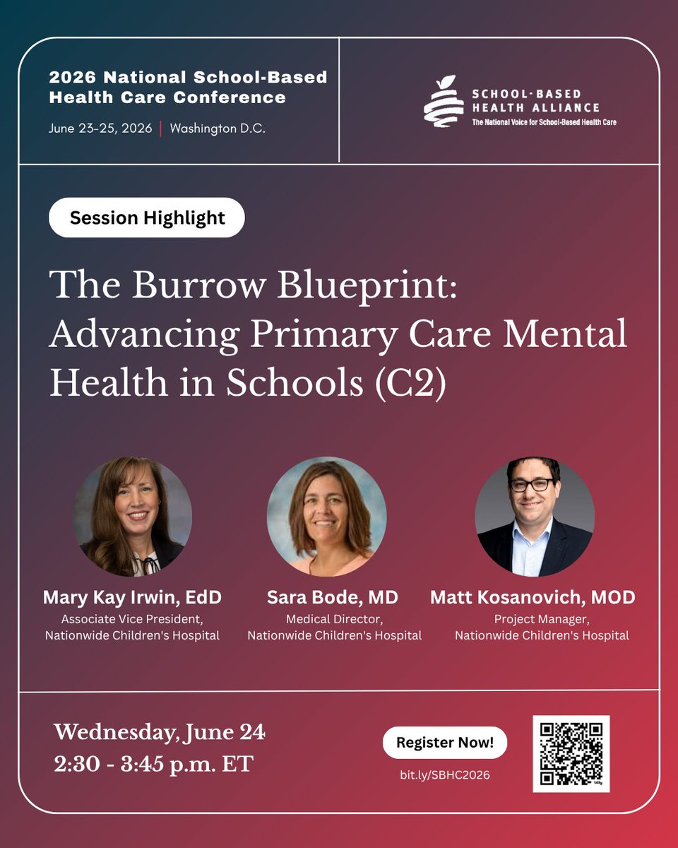sbh4all's tweet photo. 🩺 + 🧠 Join Session C2, The Burrow Blueprint, to explore approaches for screening, diagnosis, treatment, and collaboration that help school-based providers expand mental health support for students.
https://t.co/DTXWwKfccN #SBHC2026 https://t.co/fnOHq1SdAZ