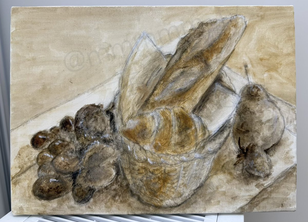 本日の油絵(F4号)｜静物画｜wip まずは影付。光も少しだけ。 次回